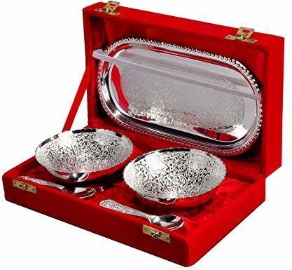 navya craft Brass Plated Designer Bowl Set with Serving Spoons And Trays (Silver And Gold) Bowl, Tray, Spoon Serving Set-picture-18
