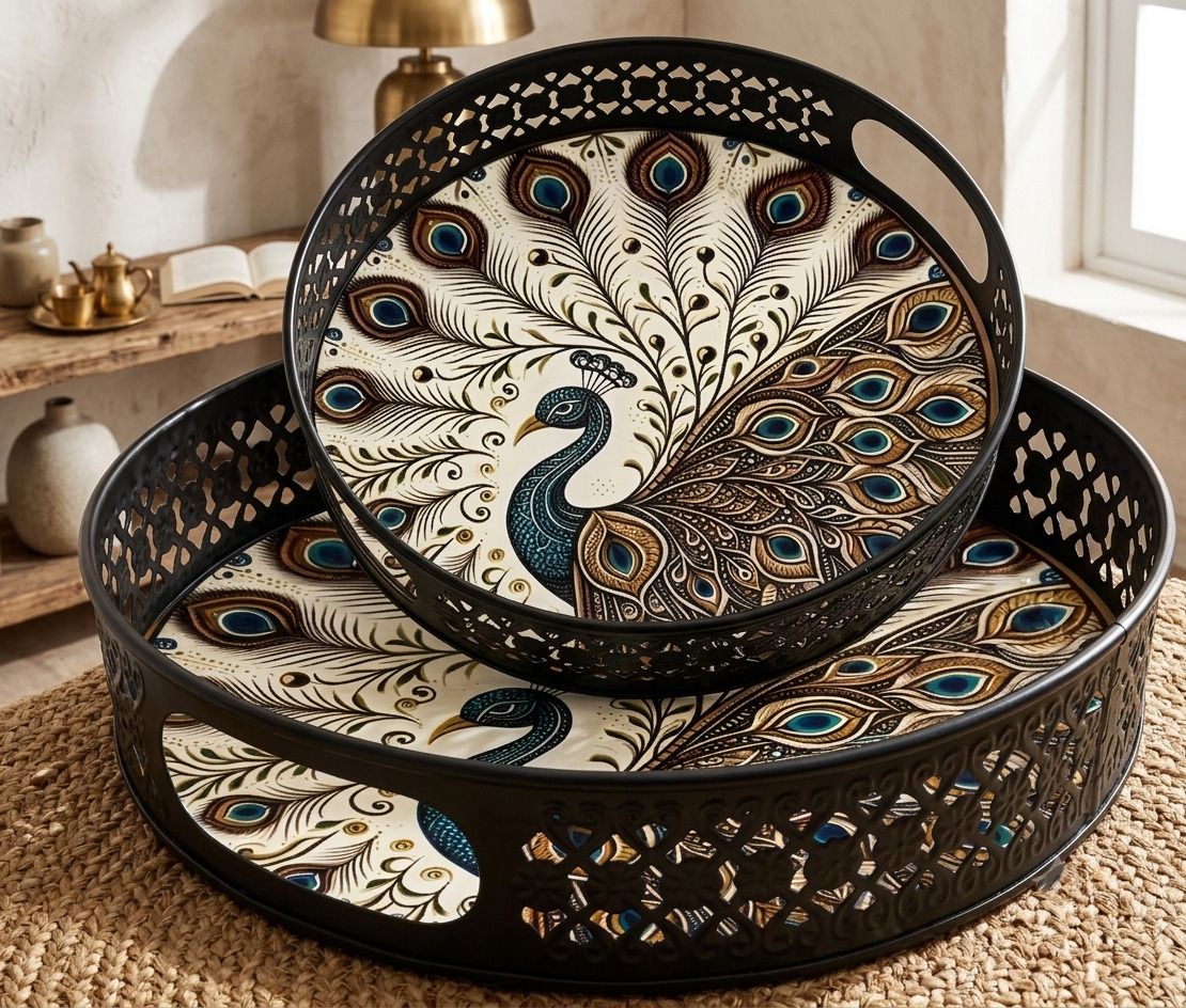 Metal Tray Set of 2 | Peacock Design Decorative Serving Tray Tray Serving Set-image-0