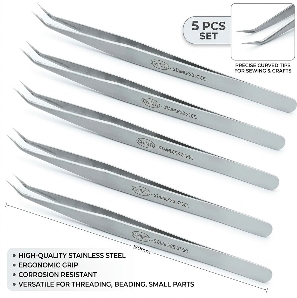ss article 5 Pcs Chimti Curved Stainless Steel Sewing Machine Tweezers Sewing Kit-picture-10