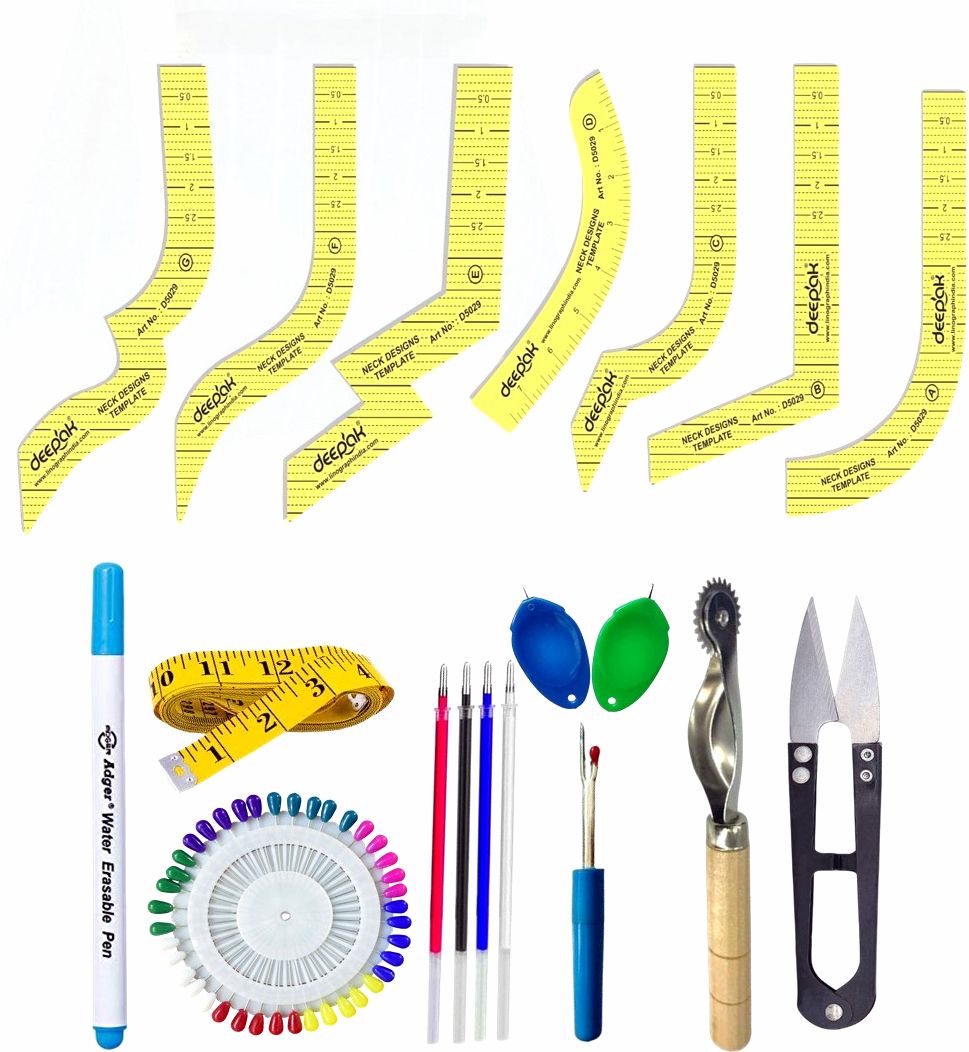7 Piece Neck Design Template Set with 9 Pieces Tailoring kit Sewing Kit-image-44