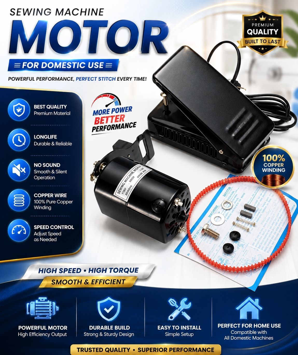 Copper domestic sewing machine motor Electric Sewing Machine 1200 built-in stitches 1200 SPM Black-image-4