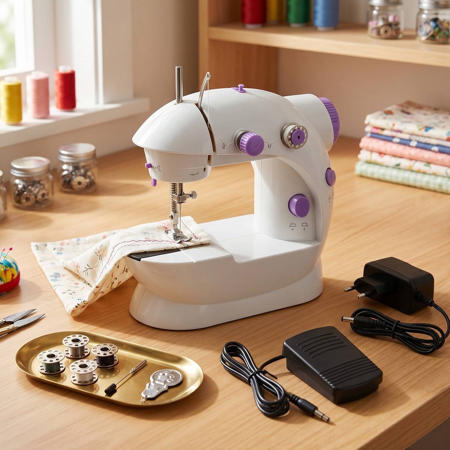 4 in 1 Portable & Compact Mini Sewing Machine Electric Sewing Machine 2 built-in stitches 100 SPM White-image-21