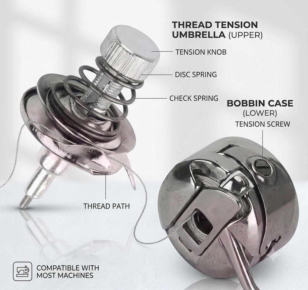 (Combo) Thread Tension Umbrella & Bobbin Case with Metal Bobbin Case Embroidery Sewing Machine 1 built-in stitches 450000 SPM Silver-image-1