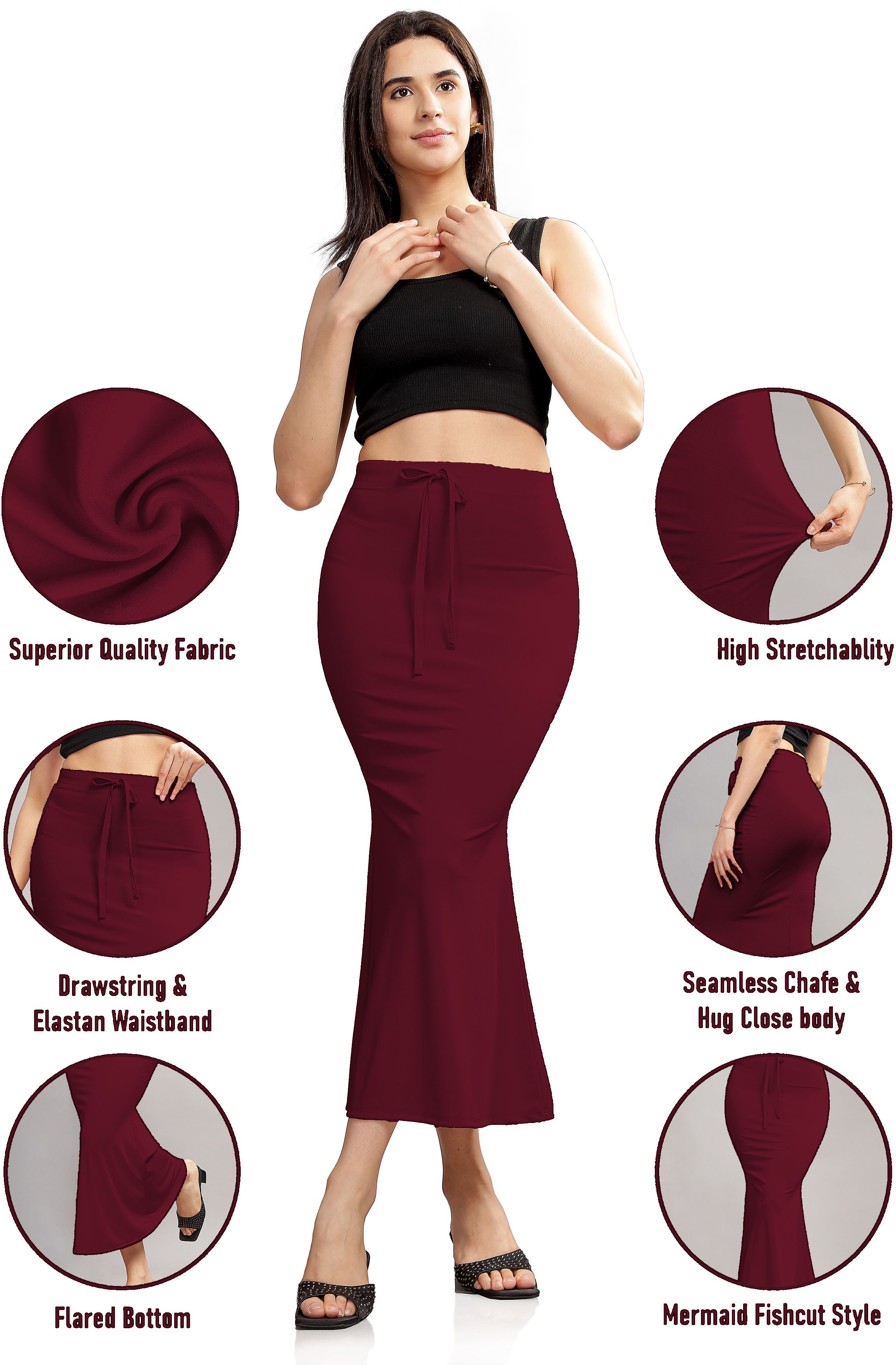Pink Formal Maroon_Women Fishcut High-Waist Stretchable Saree Petticoat & Shapewear Lycra Blend Petticoat-image-22