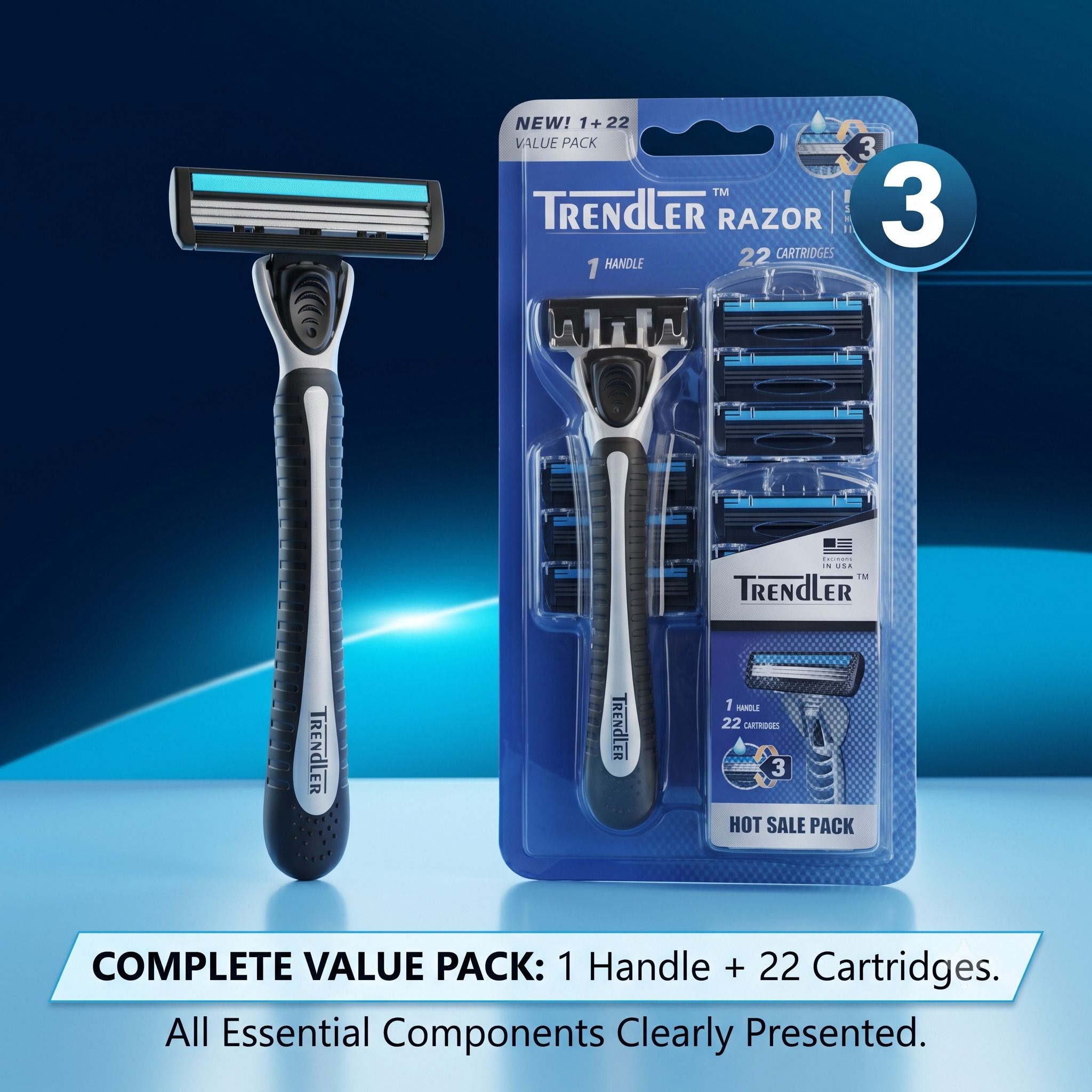 3Blade Shaving Razor for Men,1Handle+22 Replacement Cartridges,Comfortable Shave, Men-image-8