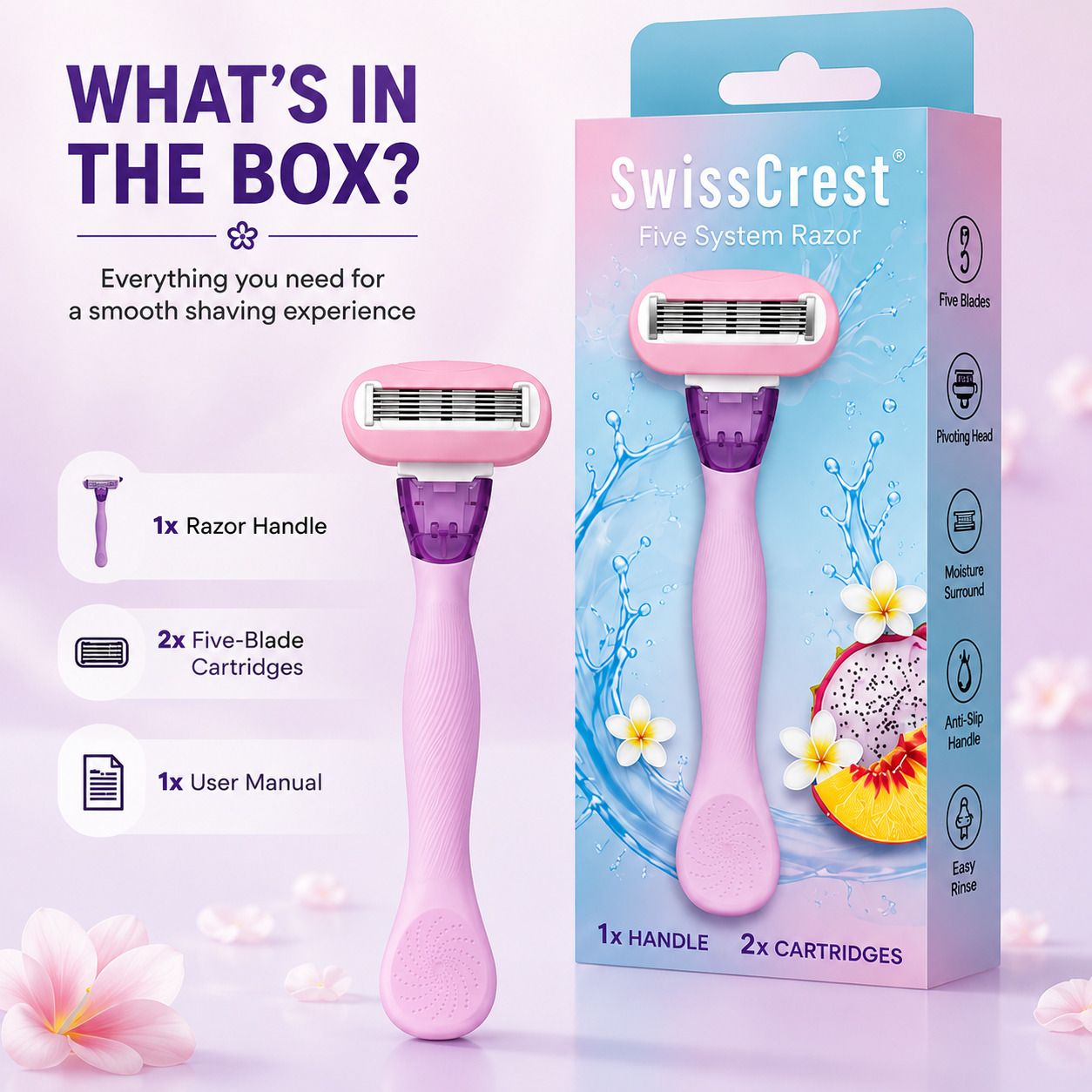 5 Blade Razor with Pivoting Head | 1 Handle + 2 Cartridges, Women-image-21