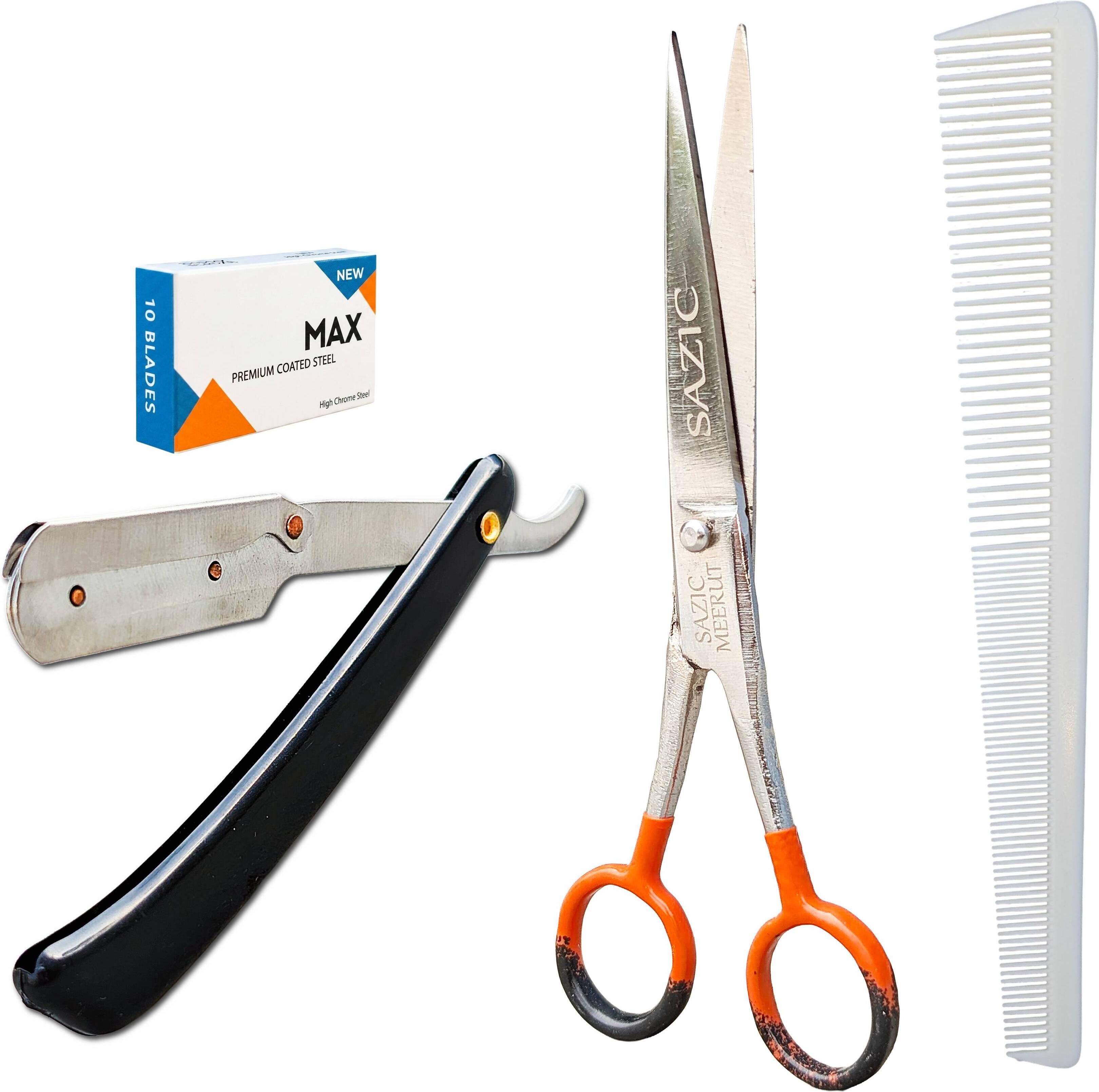 6-Inch Hair Cutting Scissor, Folding Razor & Styling Comb Barber Grooming Combo, Men & Women-image-1