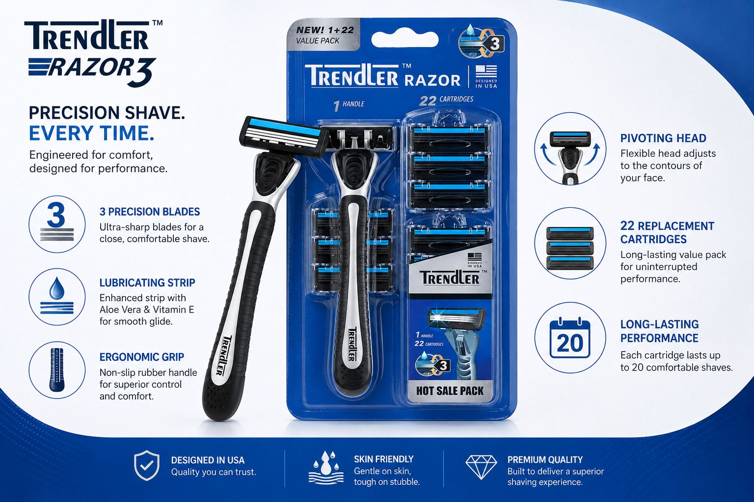 3 Blade Manual Shaving Razor for Men, 1 Handle + 22 Replacement Cartridges, Men-image-14