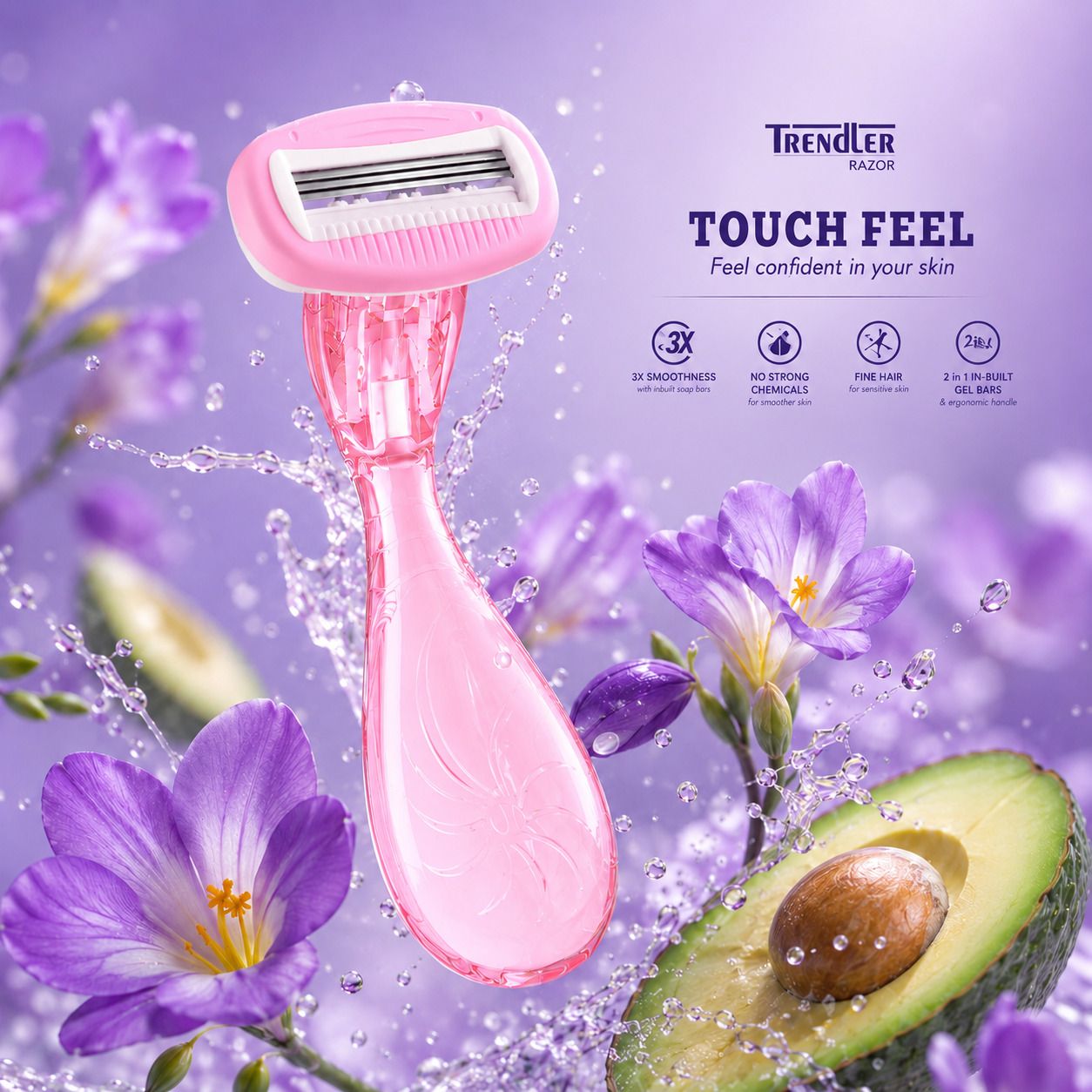 Touch Feel Smooth Glide Women's Razor with Triple Blades Comfortable Handle-Pink, Women-image-46
