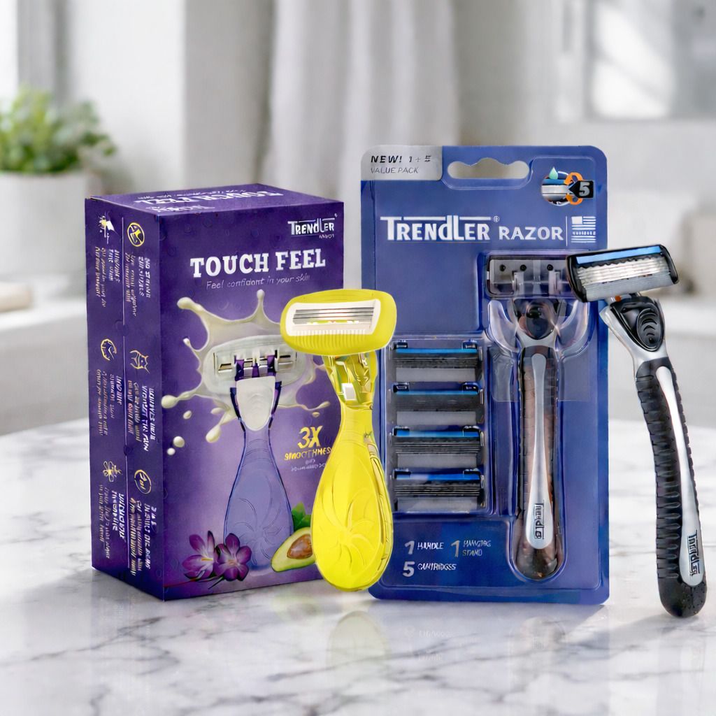 Touch Feel Yellow&5 Blade Razor Value Pack(2PCS Combo Set)Anti-Slip Grip Design, Men & Women