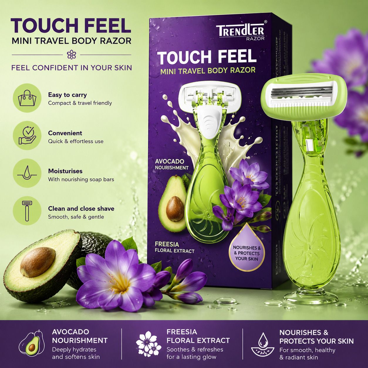 Touch Feel Mini Green Travel Razor for Women,3Blade Razor with Built-in Soap Bar, Women-image-38