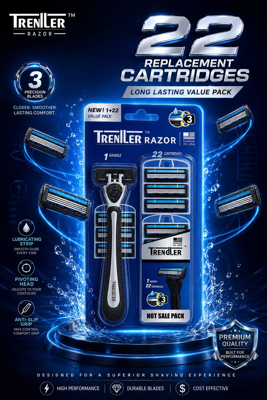 3 Blade Shaving Razor Value Pack with 1 Handle+22 Cartridges, Lubricating Strip, Men-image-14