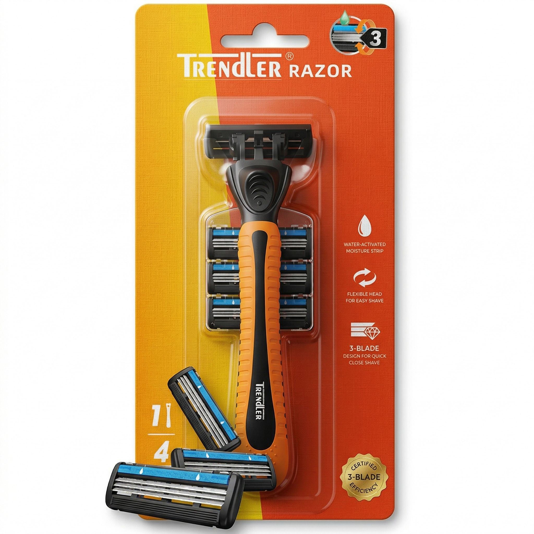 3 Blade Orange Shaving Men Razor with 4 Replacement Cartridges,Lubricating Strip, Men-image-42