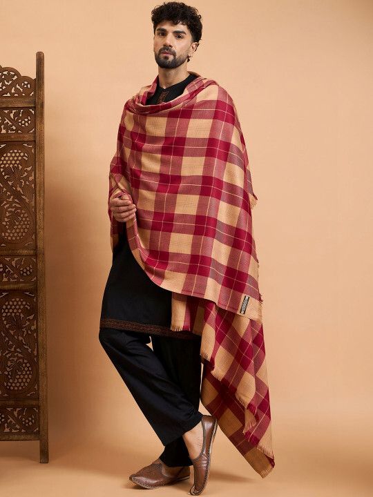 Sangria Poly Wool Checkered Men Shawl-image-27