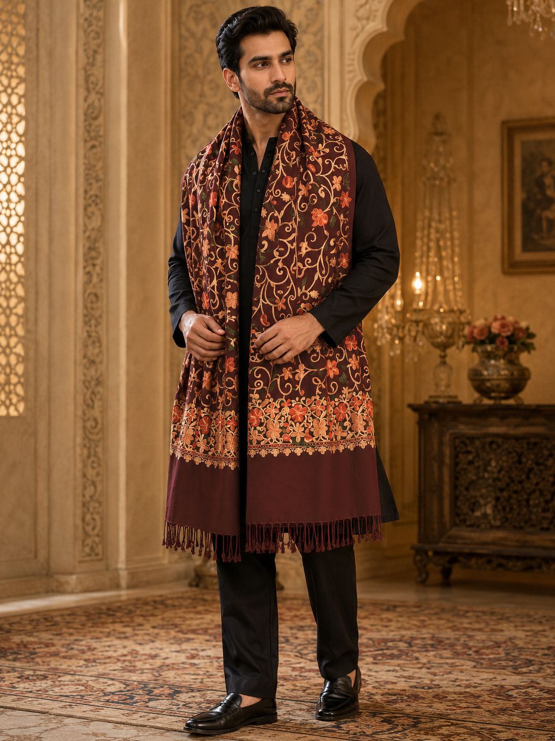 GK VILLA Polyester Wool Blend, Acrylic Embroidered Men Shawl-image-48