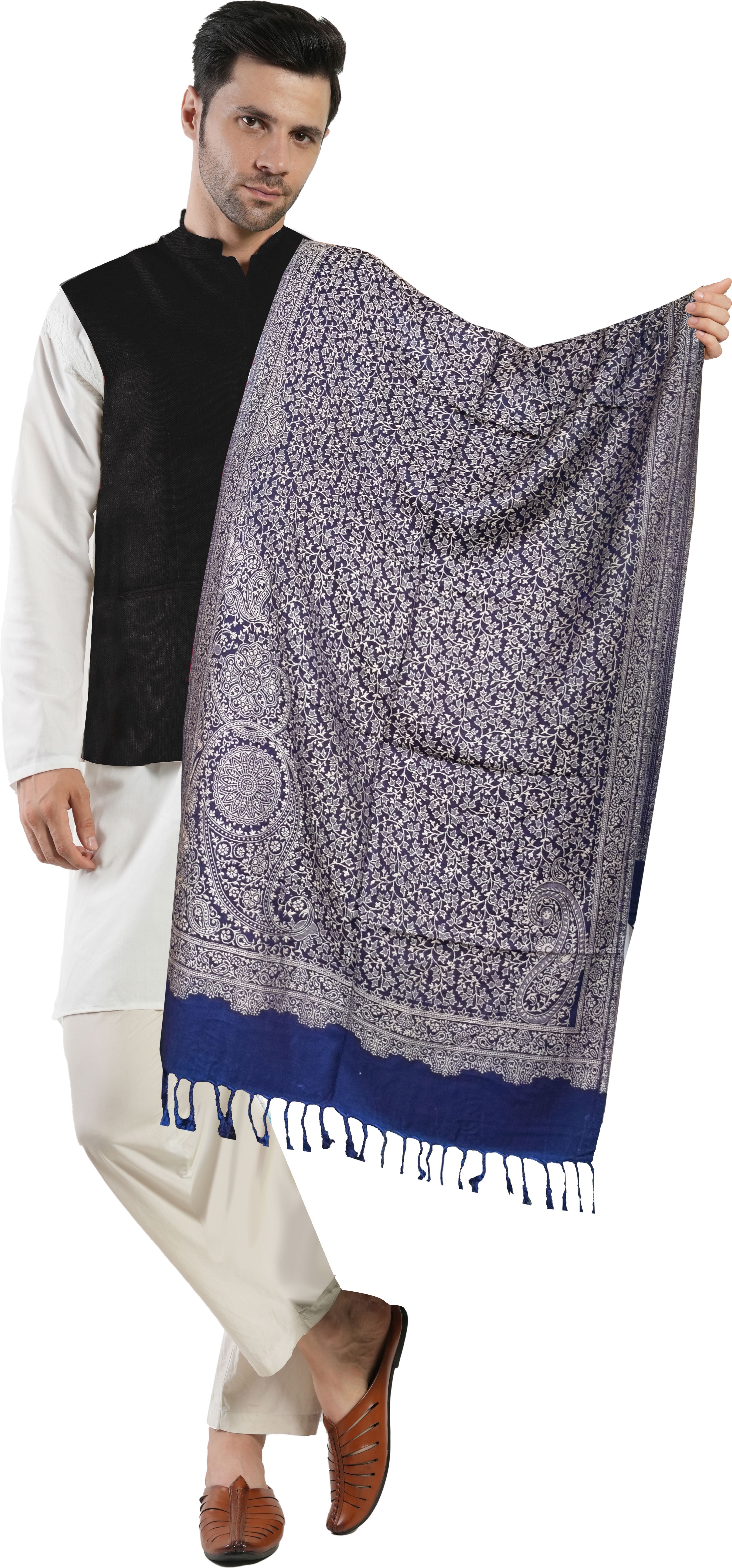 Floral Print Wool Blend Men Blue Stole-image-7
