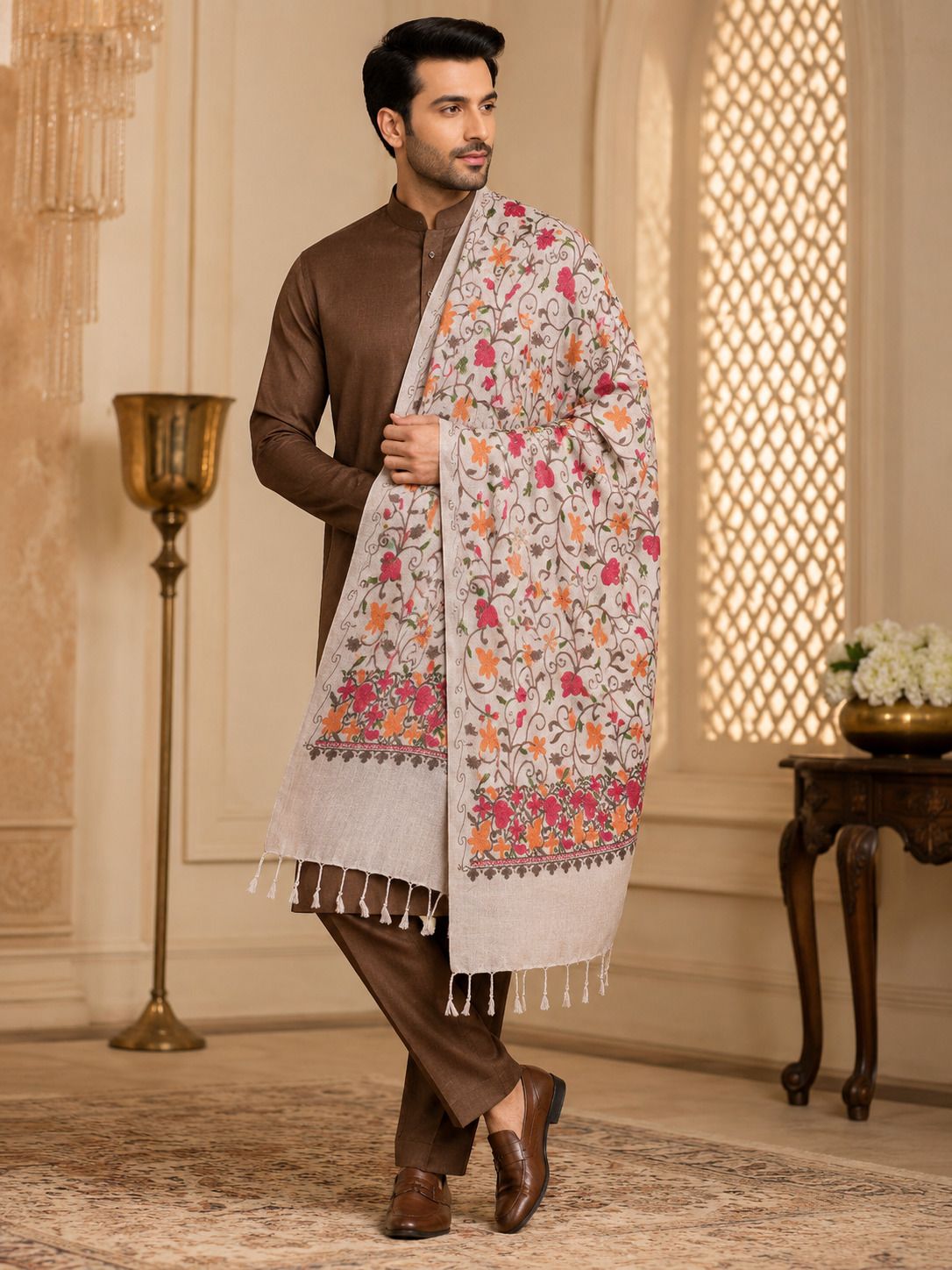 GK VILLA Polyester Wool Blend, Acrylic Embroidered Men Shawl-image-12