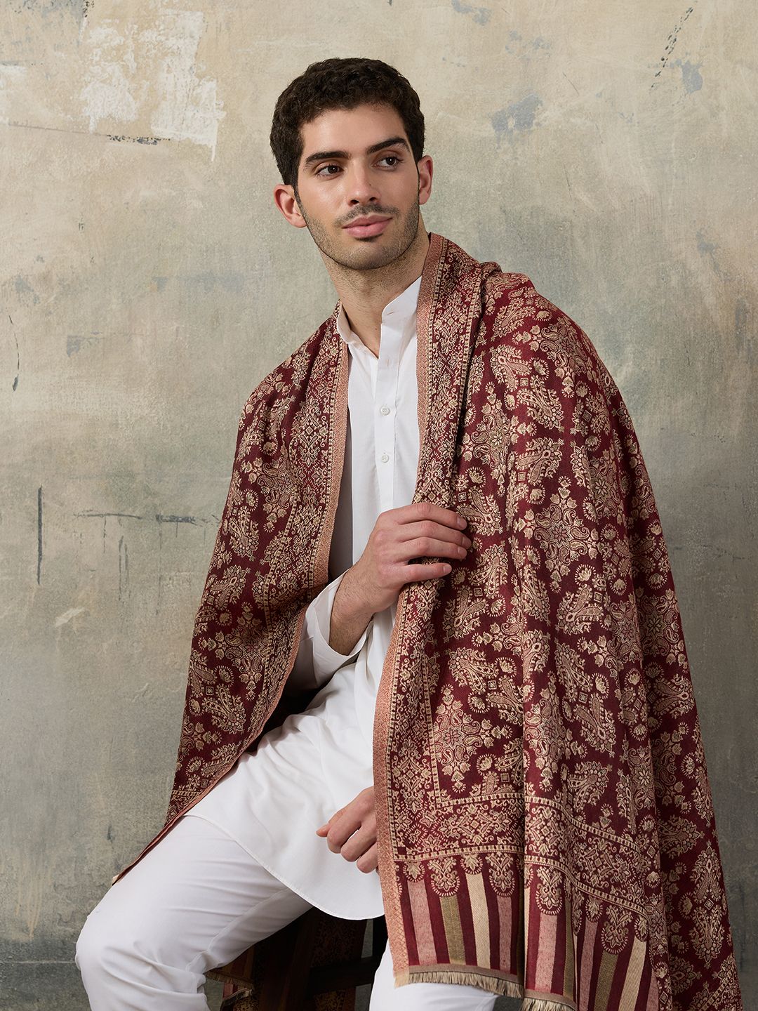 GREEN AGRITECH Polyester Wool Blend Woven, Self Design Men Shawl