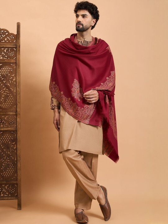 Sangria Wool Paisley Men Shawl-image-3