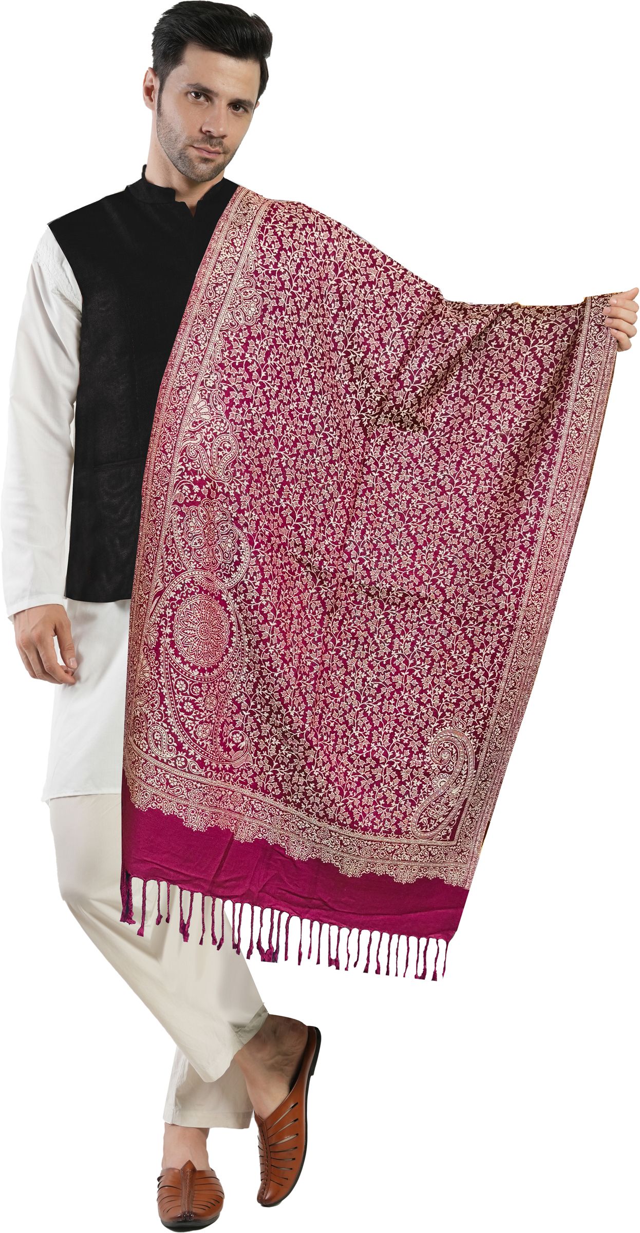 Floral Print Wool Blend Men Maroon Stole