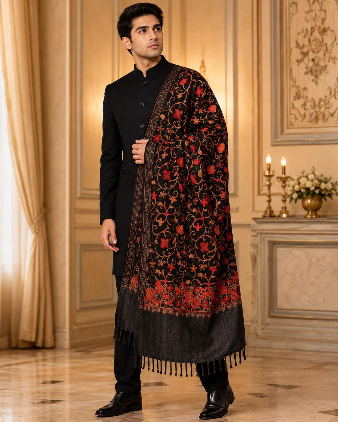GK VILLA Polyester Wool Blend, Acrylic Embroidered Men Shawl-image-11
