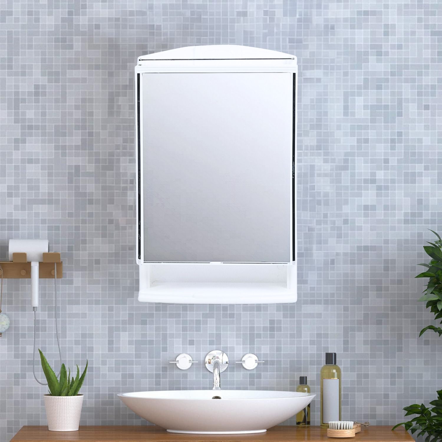 Bathroom Cabinet with Mirror - White Plastic Wall Shelf-image-47