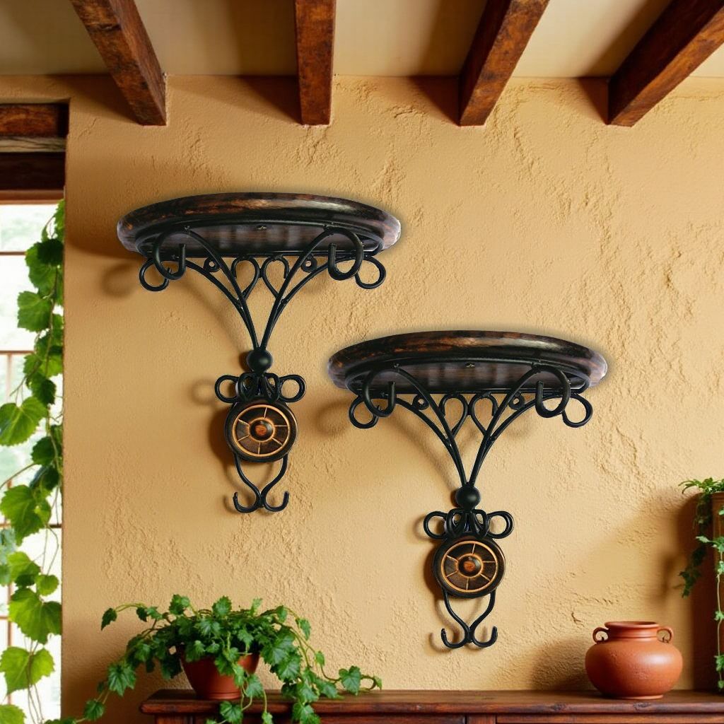 viapradhan Set of 2 Handicrafted Rustic Iron & Wood Wall Bracket Shelves 24 Shelf Bracket-picture-24