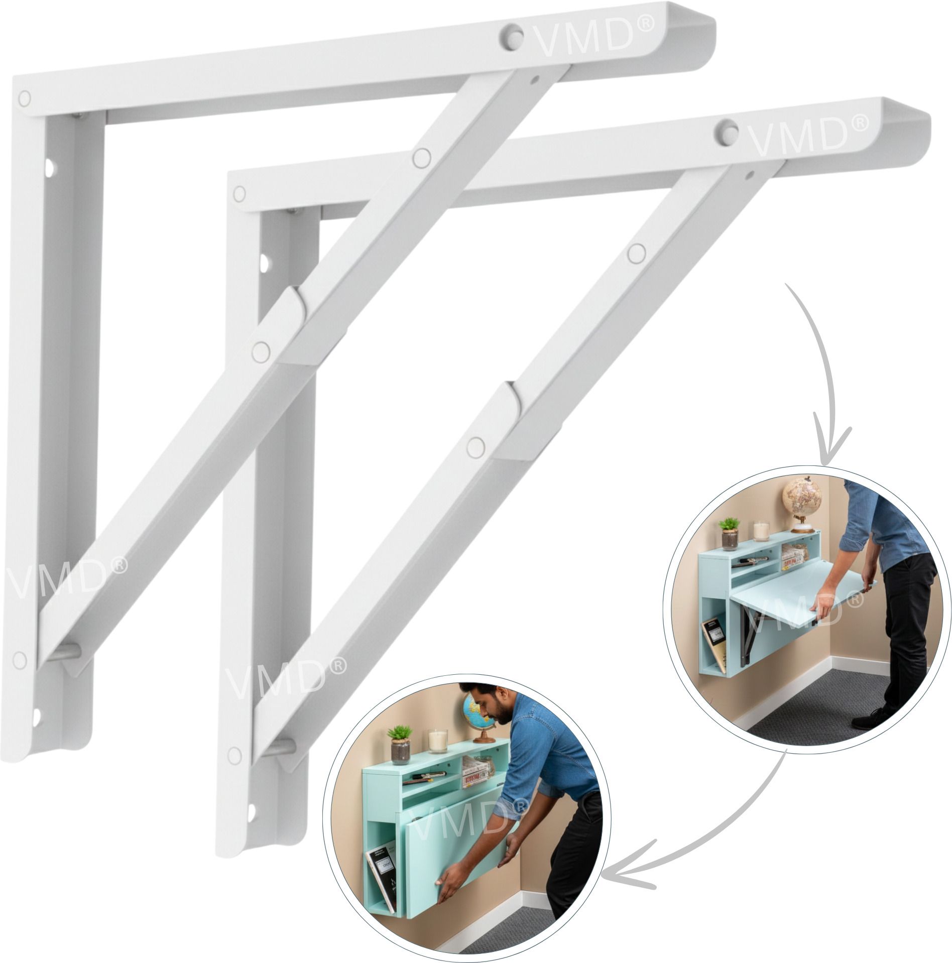 Heavy Duty (WHITE) 16" Foldable L Table Bracket, DIY Folding Shelves, Wall Angle Bracket, Folding Table Bracket with Fitting for fold Down (Pack of 2) Shelf Bracket-image-9