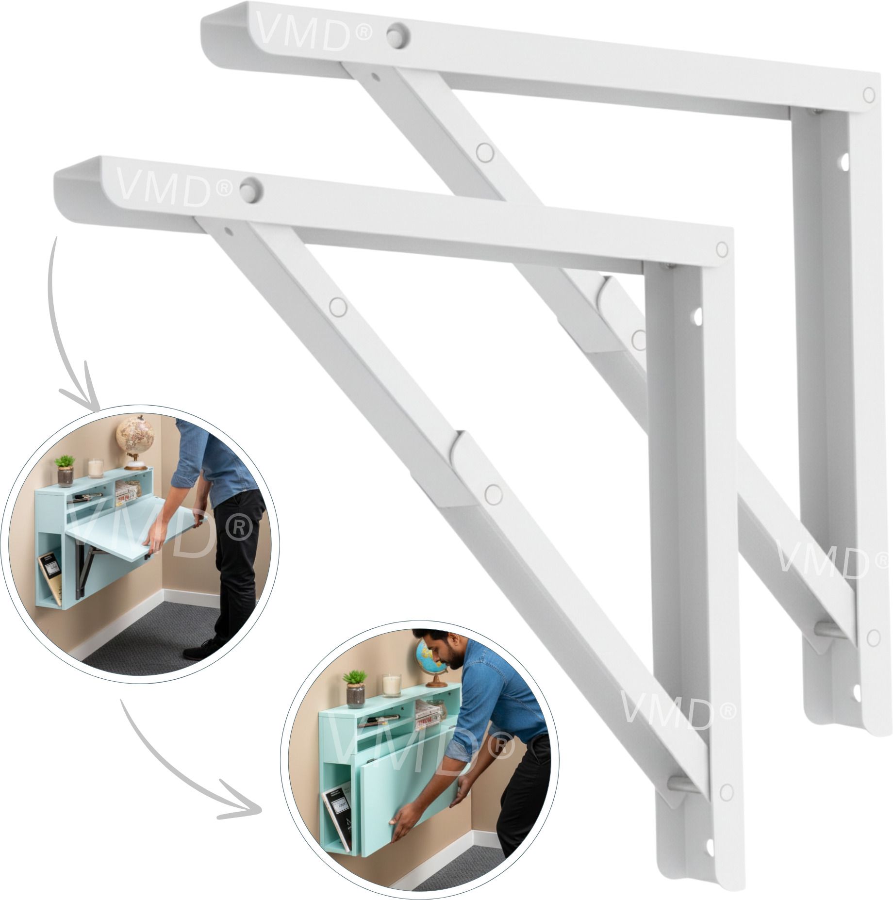 vmd 18" (WHITE )Heavy Duty L-Type Foldable Shelf Bracket, DIY Folding Shelves, Wall Angle Bracket, Folding Table Bracket with Fitting for fold Down (Pack of 2) Shelf Bracket-picture-13