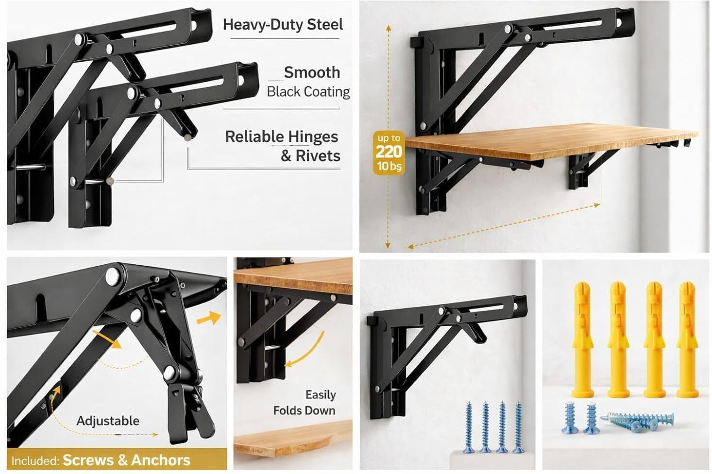 technoway 330lb Capacity, Black Steel Folding Hinge Set (1 Pair) (30 cm) 30 Shelf Bracket-picture-33
