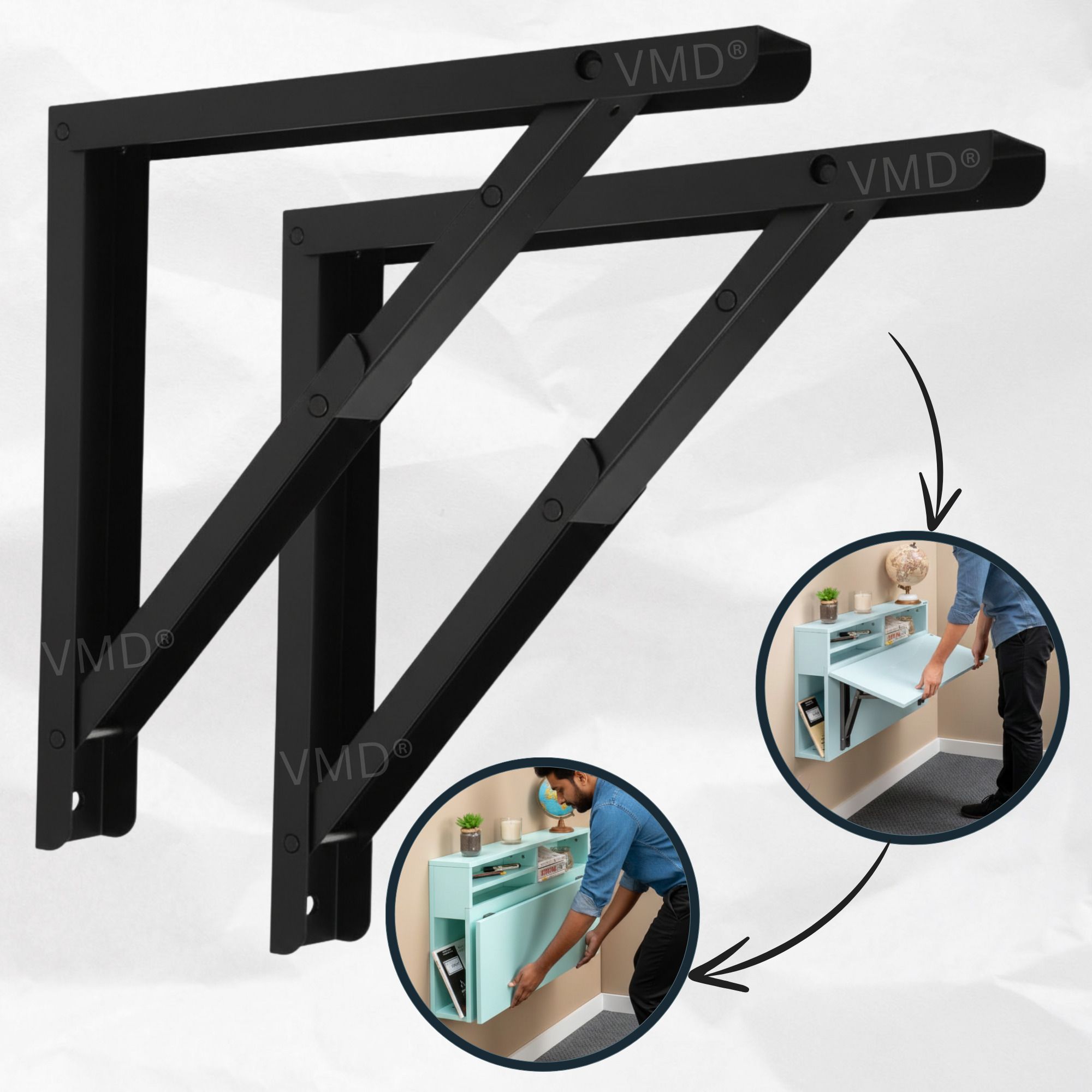 Heavy Duty (BLACK) 16" Foldable L Table Bracket with Fitting for fold Down, Wall Angle Bracket, DIY Folding Shelves, (Pack of 2) Shelf Bracket-image-2