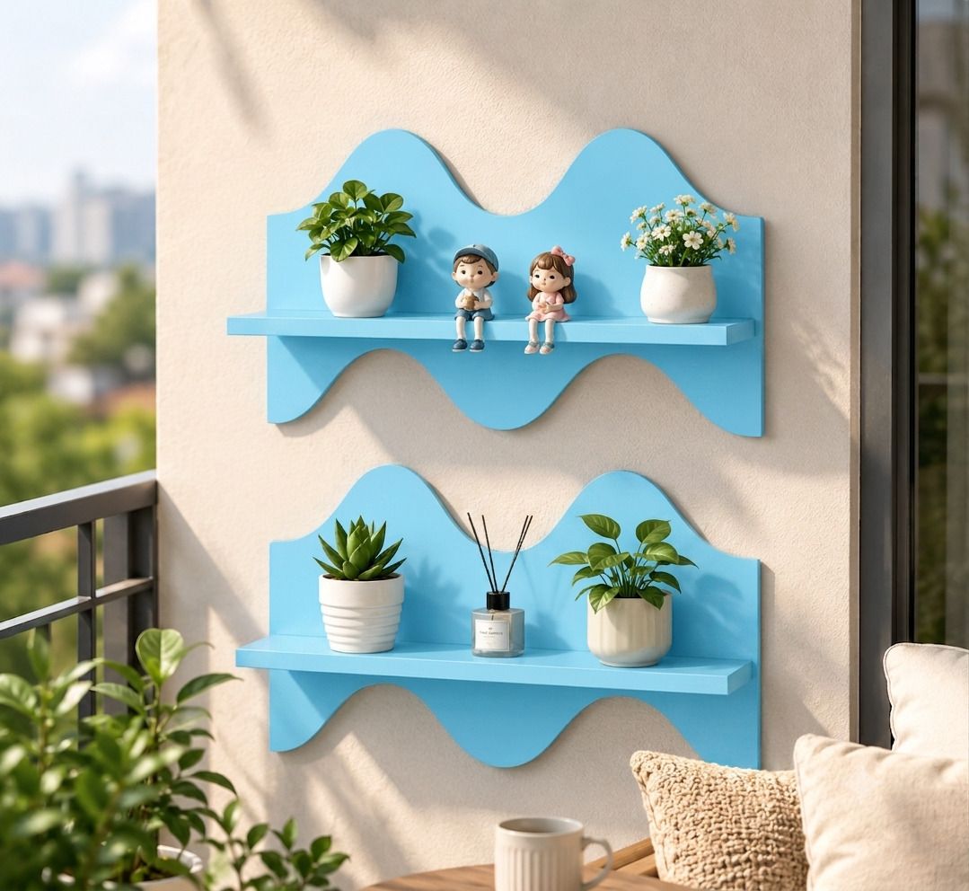 Wavy Decorative Wall Shelf for Home Decor, Plants & Collectibles(Pack Of 2,Blue) 40.64 Shelf Bracket-image-7