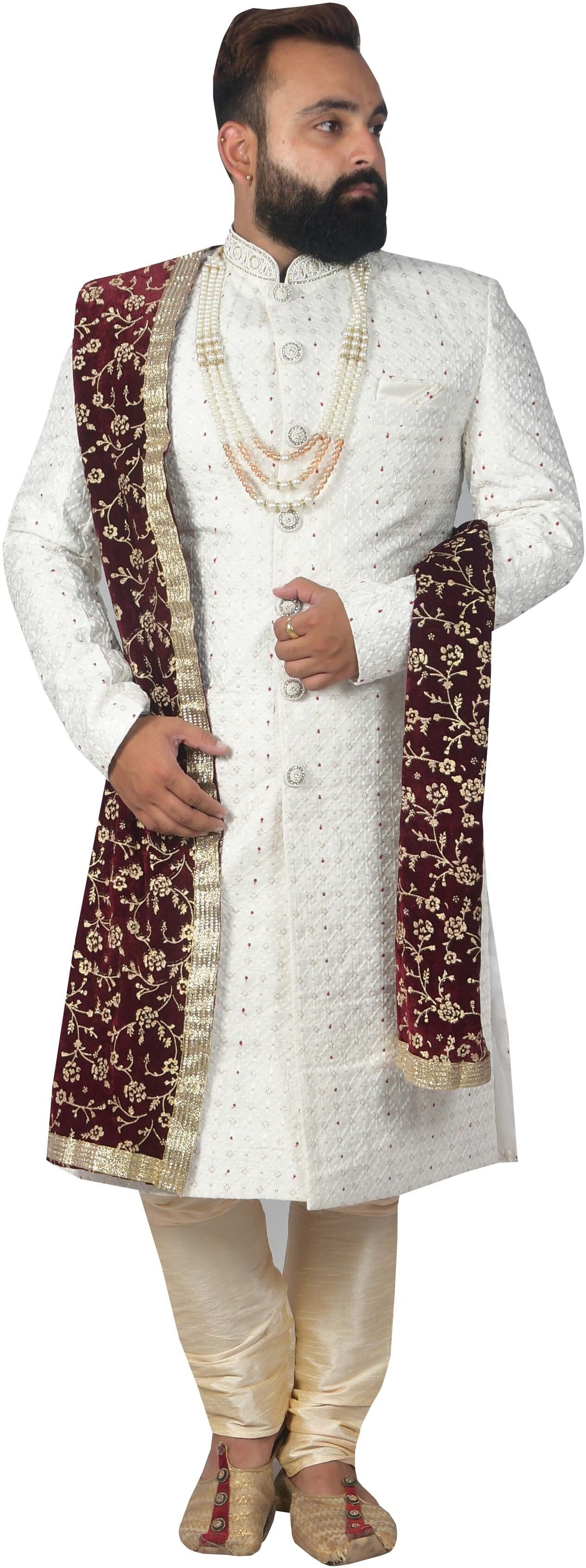 Diamond Style Men’s White Embroidered Sherwani with Pajama, Maroon Dupatta & Mala Embroidered Sherwani