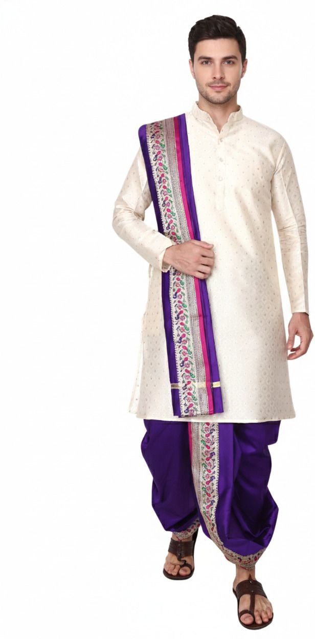THE HERITAGE DHOTIS Men’s Wedding Red Sherwani Style Kurta Dhoti Stole Ethnic Set Woven Sherwani-image-1