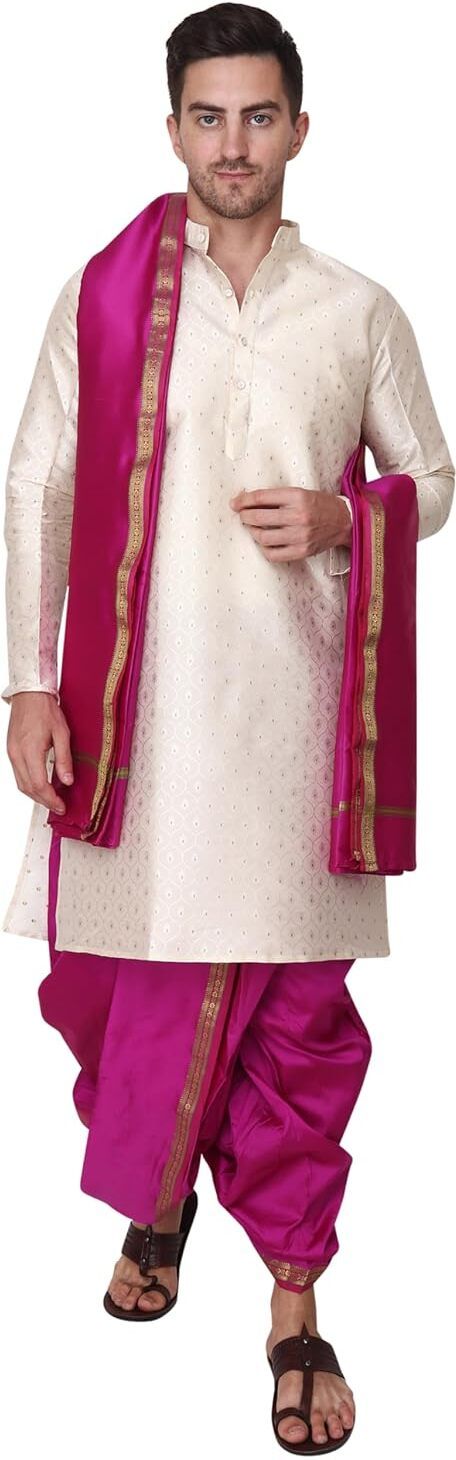 RAMESHWARAM FABRICS Traditional Men's Dhoti Kurta Stole Set with Intricate Embroidery for Festivals Embroidered Sherwani-picture-33