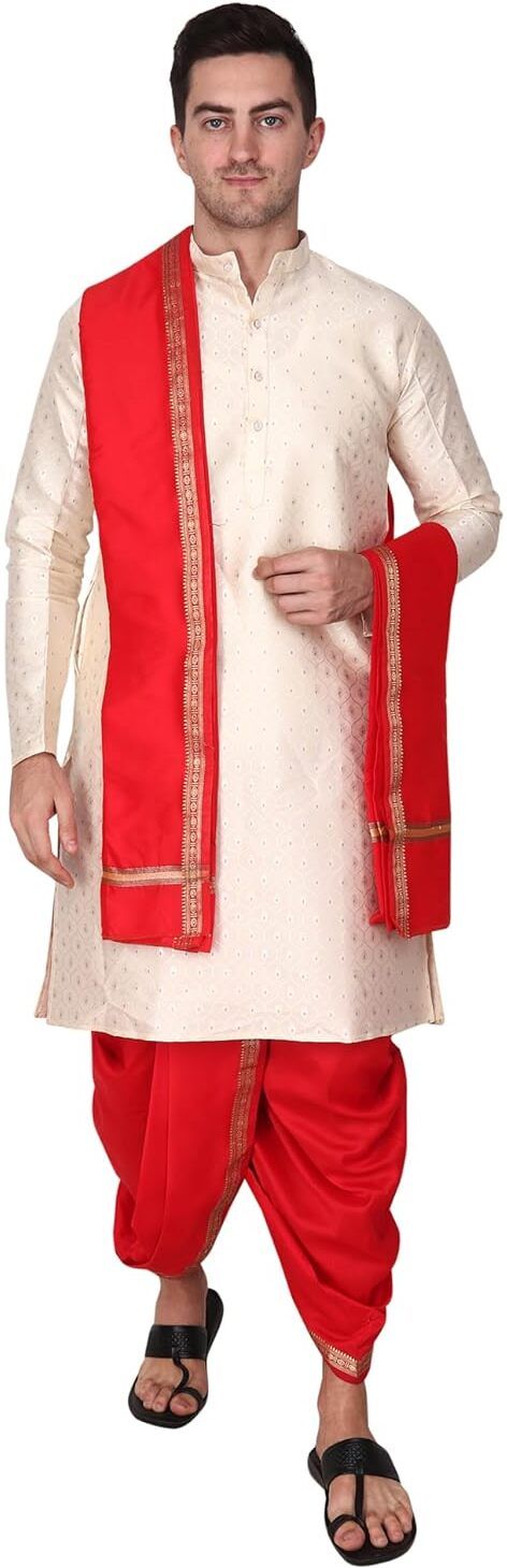 RAMESHWARAM FABRICS Traditional Men's Dhoti Kurta Stole Set with Intricate Embroidery for Festivals Embroidered Sherwani-picture-37