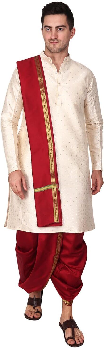 RAMESHWARAM FABRICS Traditional Men's Dhoti Kurta Stole Set with Intricate Embroidery for Festivals Embroidered Sherwani-picture-34