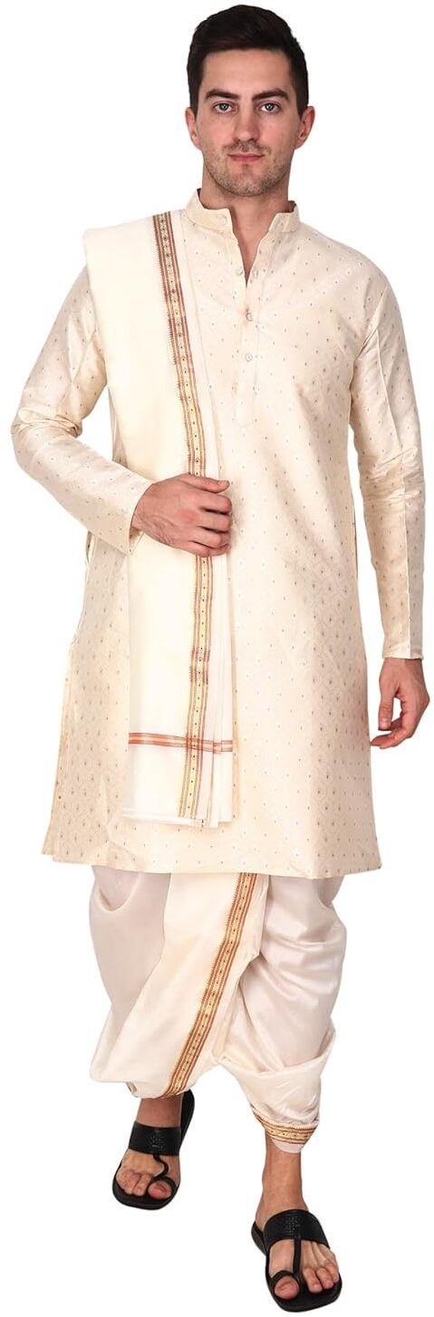 RAMESHWARAM FABRICS Traditional Men's Dhoti Kurta Stole Set with Intricate Embroidery for Festivals Embroidered Sherwani-picture-32