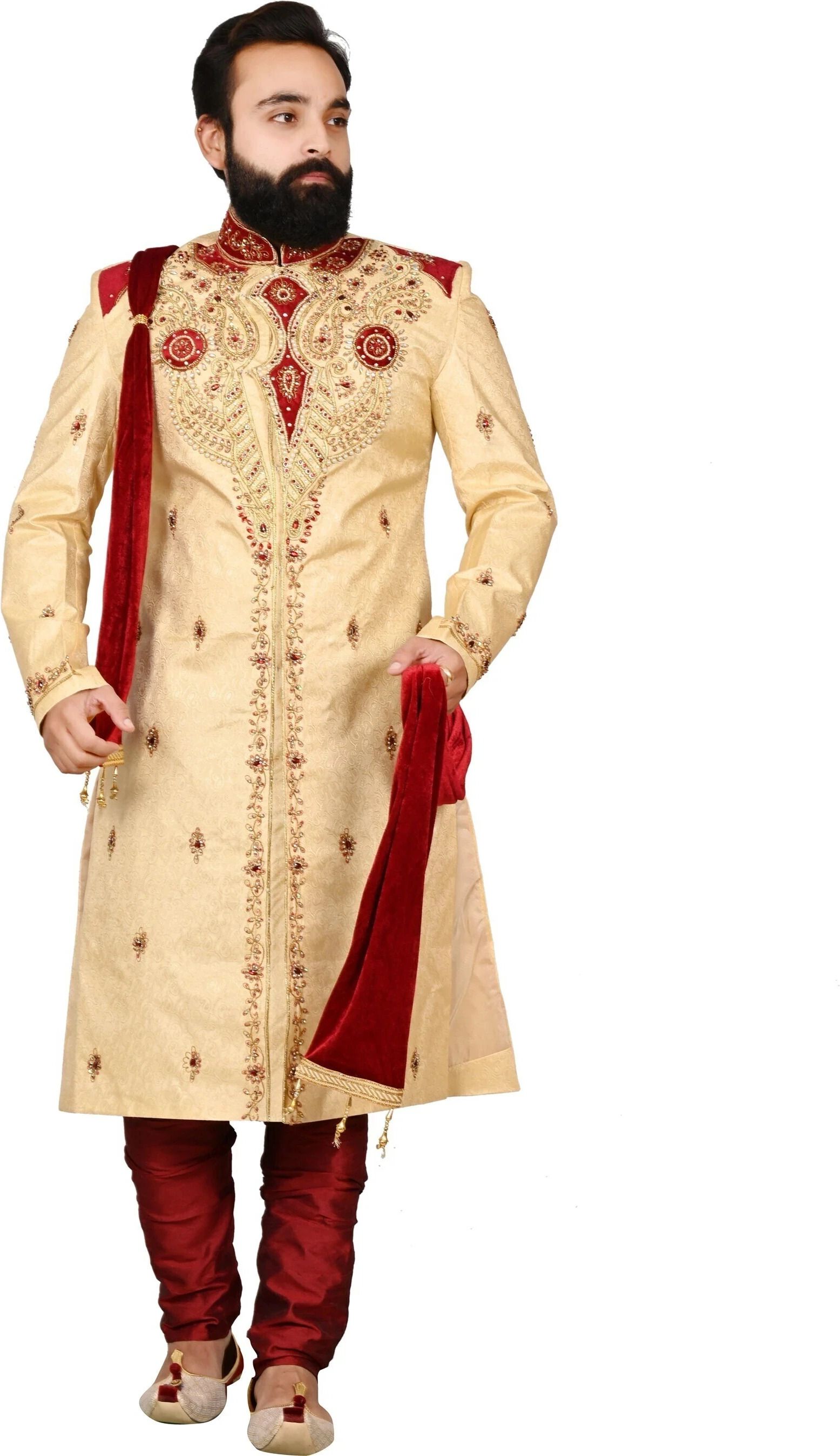Diamond Style Gold Jacquard - Look Regal for Weddings Festivals & Special Events Embroidered Sherwani-picture-20