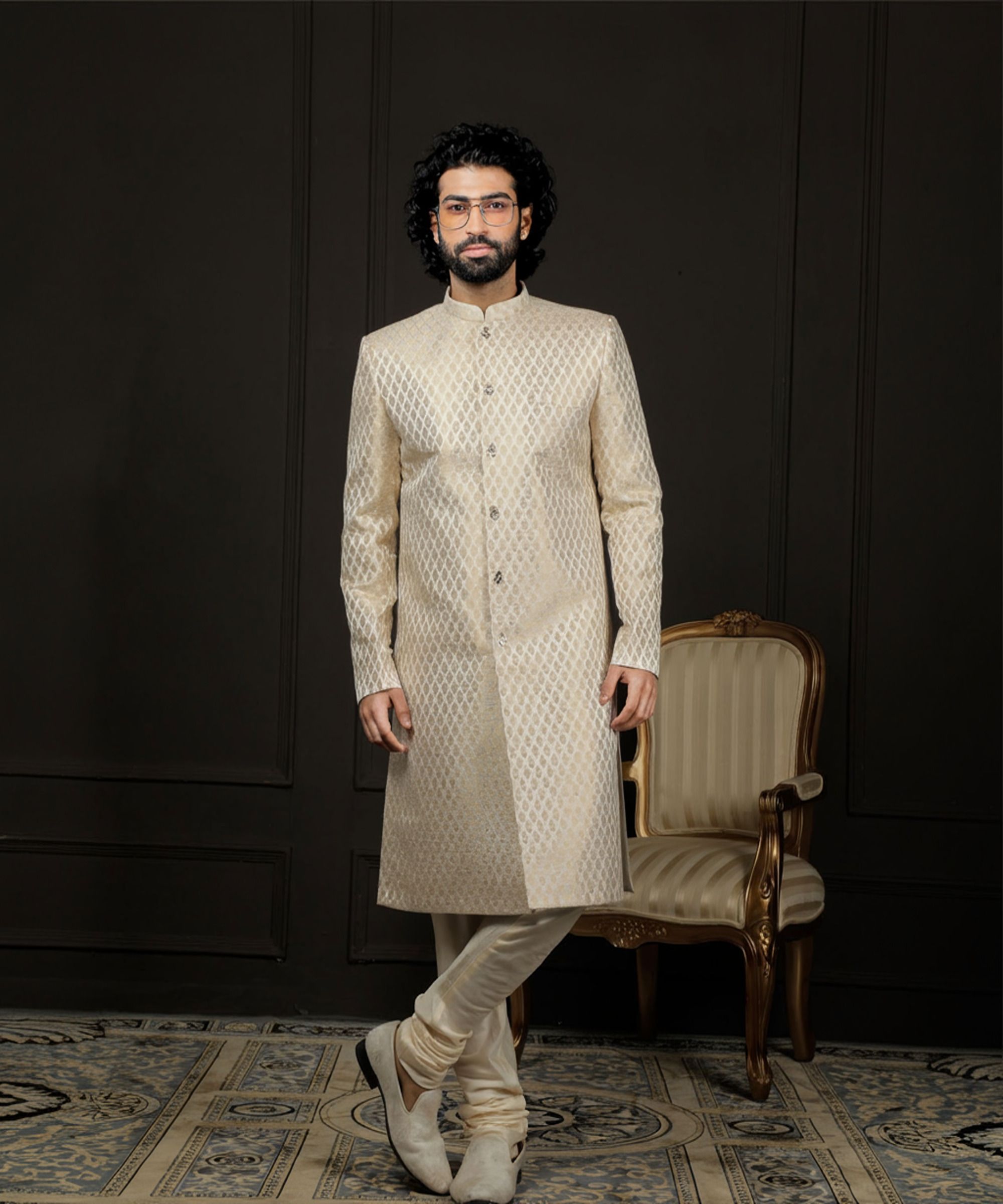 VASTRAMAY Silk Blend Jacquard Indo WesternAnd Pyjama for Men Self Design, Woven Sherwani-picture-16