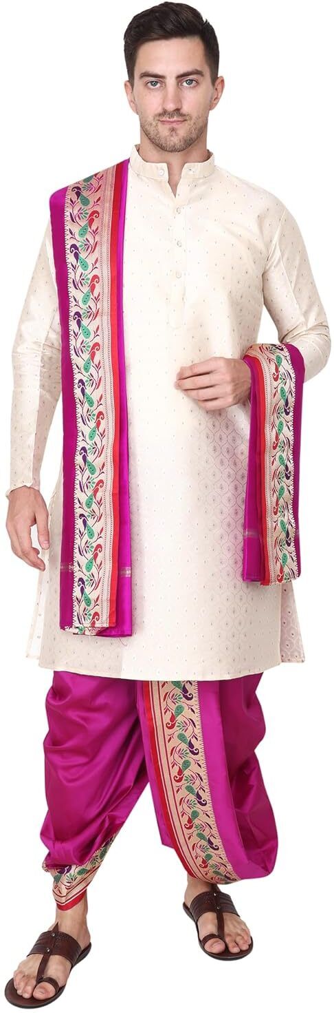 RAMESHWARAM FABRICS Men's Traditional Wedding Dress Readymade Dhoti with Sherwani Style Kurta- Stole Solid Sherwani-picture-38