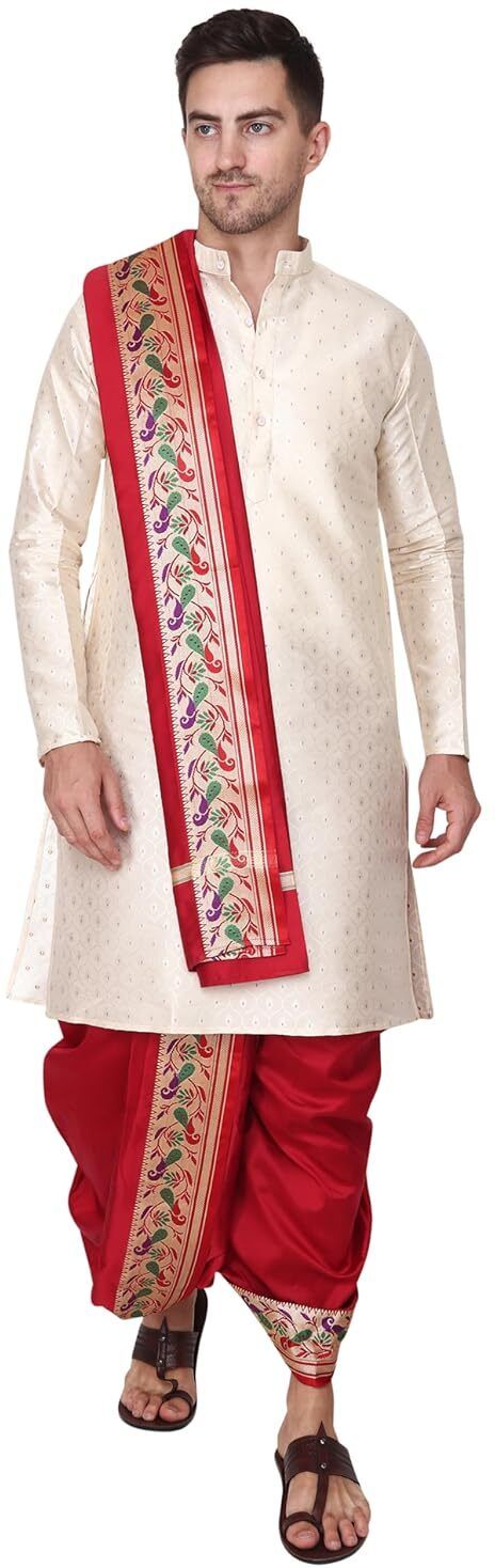 RAMESHWARAM FABRICS Men's Traditional Wedding Dress Readymade Dhoti with Sherwani Style Kurta- Stole Embellished Sherwani-image-31