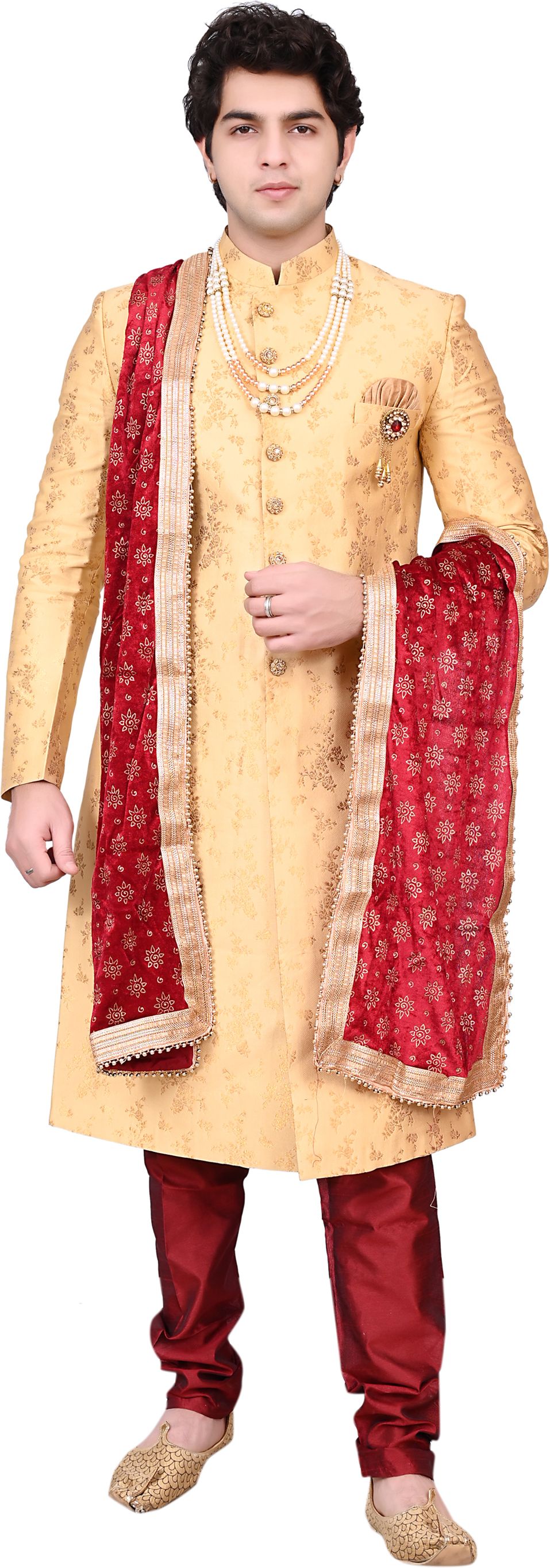 Diamond Style Traditional Groom Sherwani Golden with Dupatta Pajama Mala Embroidered Sherwani