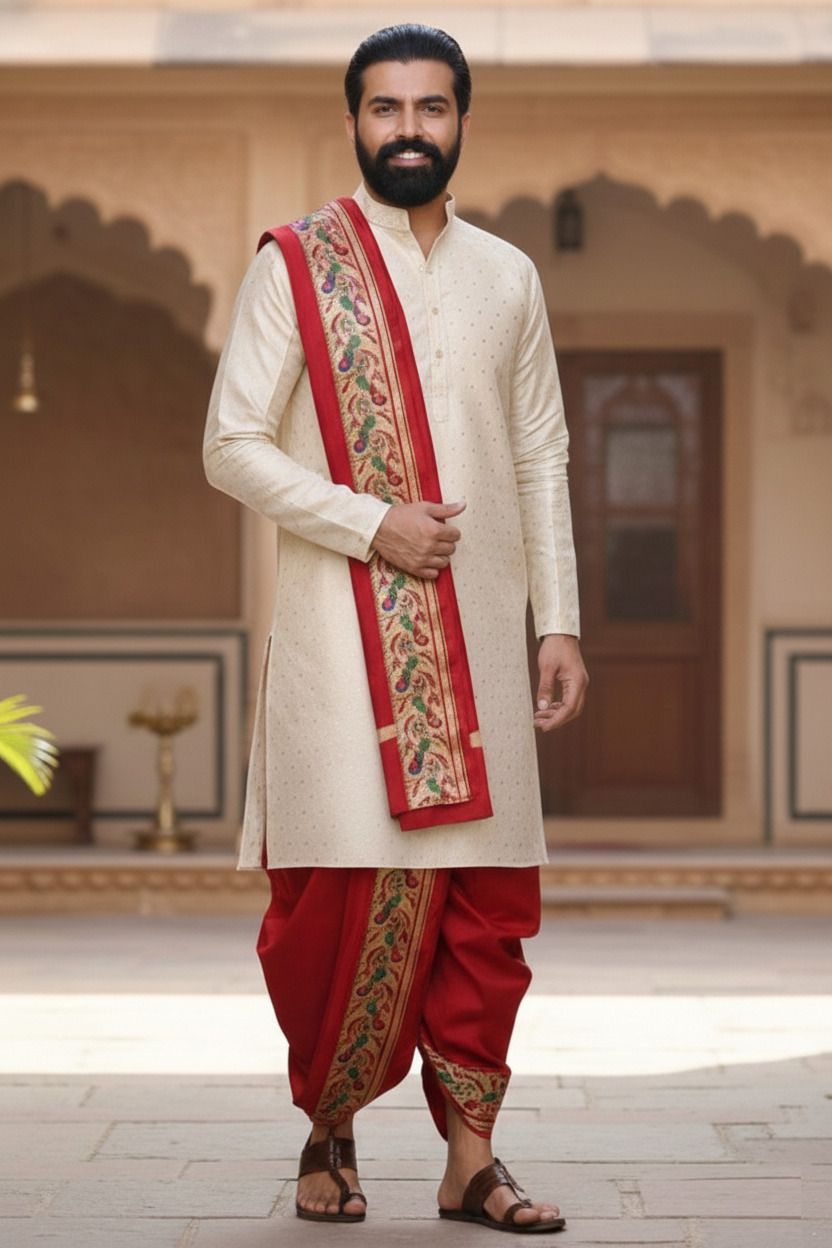 THE HERITAGE DHOTIS Sherwani Set with Dhoti Style Pant & Stole | Ethnic Wedding & Festive Wear | Woven Sherwani-picture-33