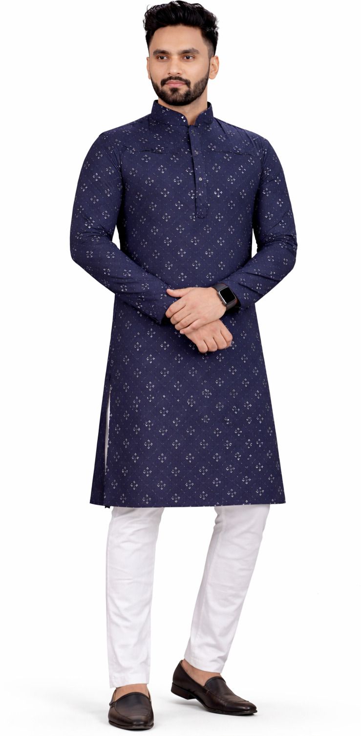 Faby Zone Men Navy Blue Printed Cotton Blend Straight Kurta Floral Print Sherwani