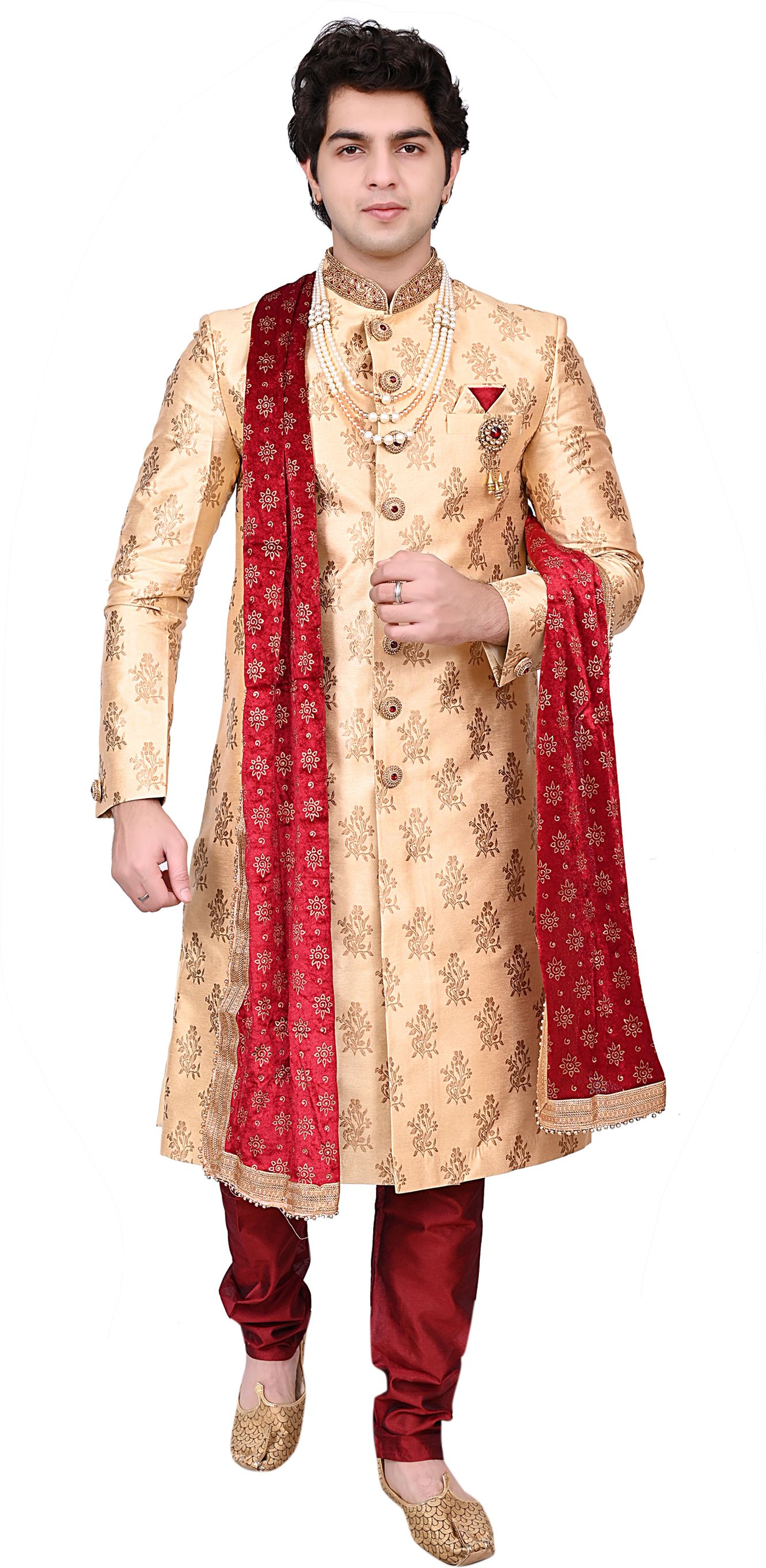 Diamond Style Traditional Groom Sherwani Golden with Dupatta Pajama Mala Printed Sherwani