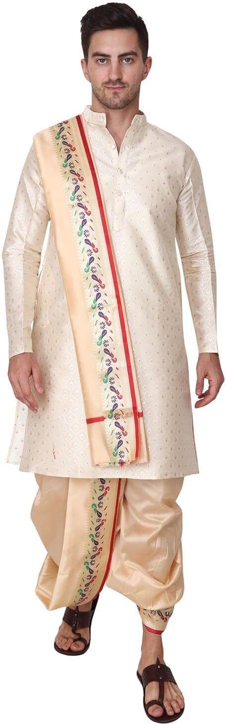 RAMESHWARAM FABRICS Men's Traditional Wedding Dress Readymade Dhoti with Sherwani Style Kurta- Stole Embellished Sherwani-picture-39