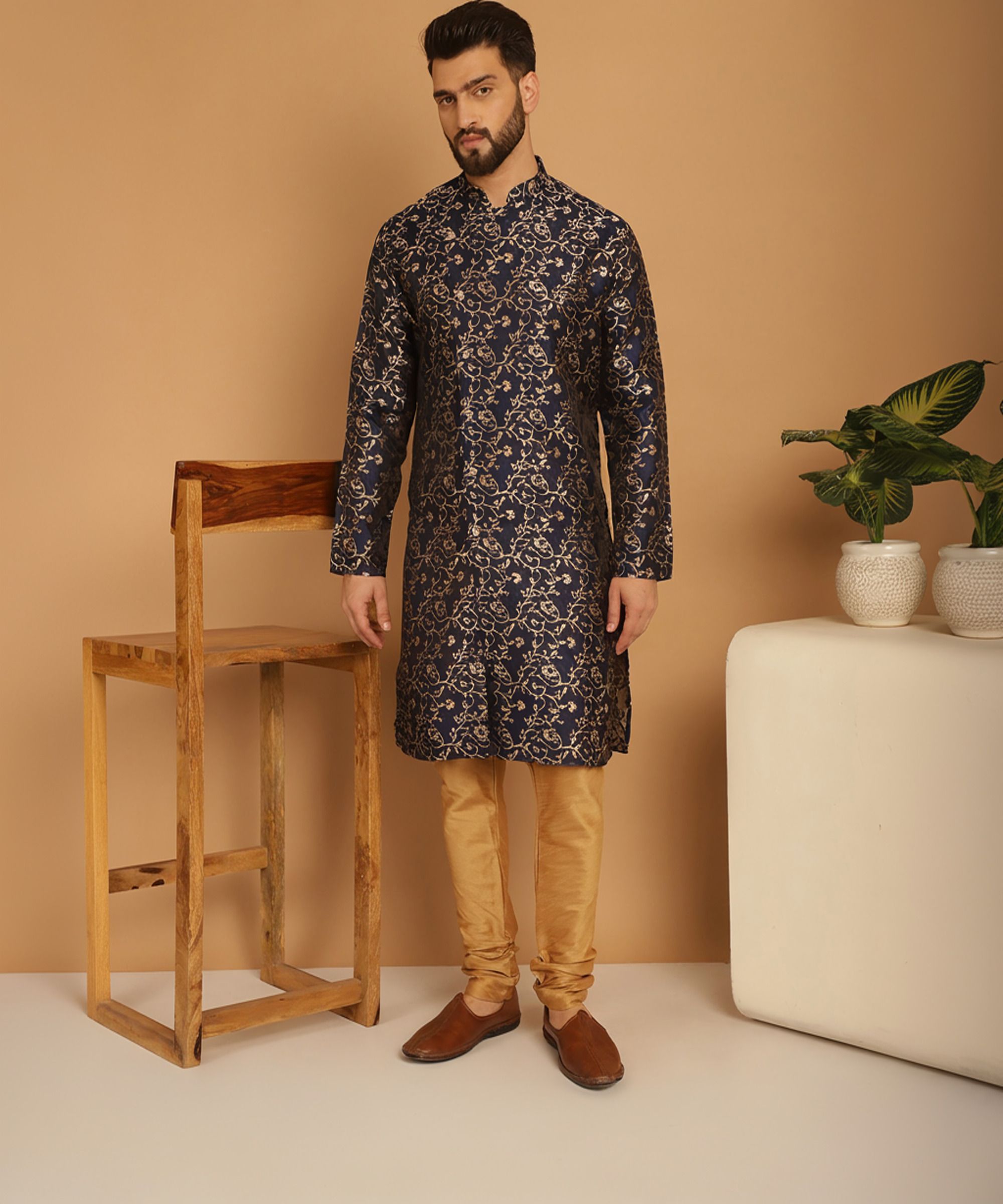 Rati International Blue Golden Sherwani Set Floral Print Sherwani-picture-27
