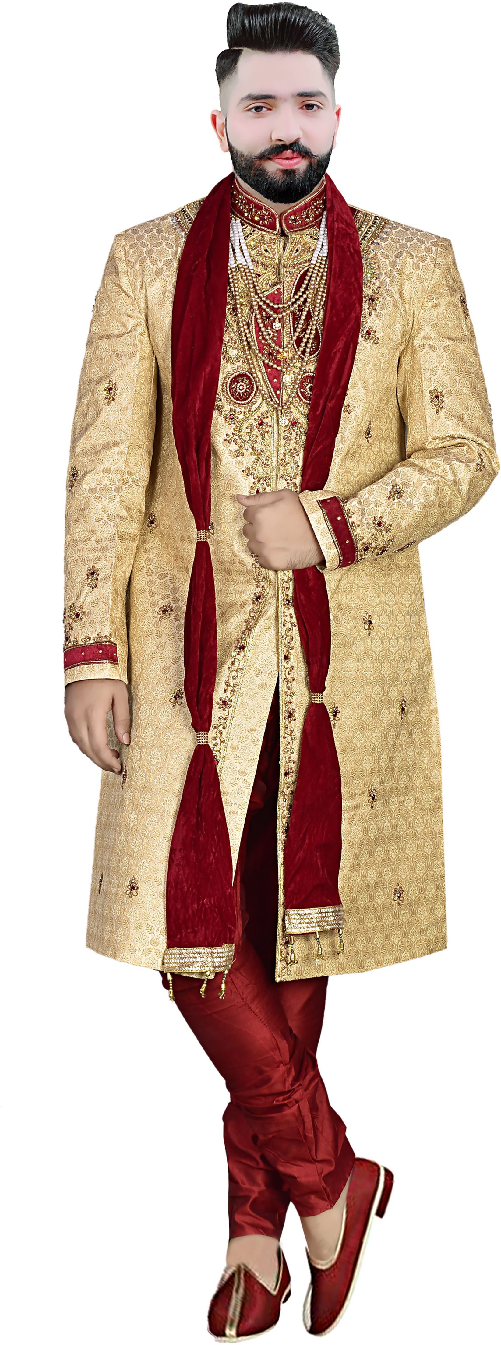 DIAMOND Gold Jacquard - Look Regal for Weddings Festivals & Special Events Embroidered Sherwani-image-26