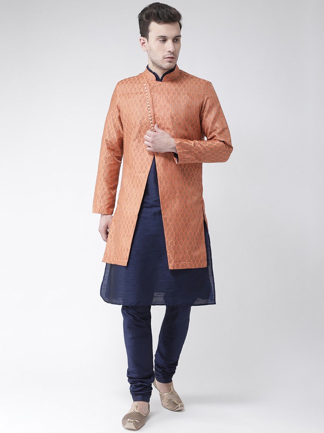 DEYANN Men Orange & Navy Blue Sherwani With Achkan Woven Sherwani-picture-11